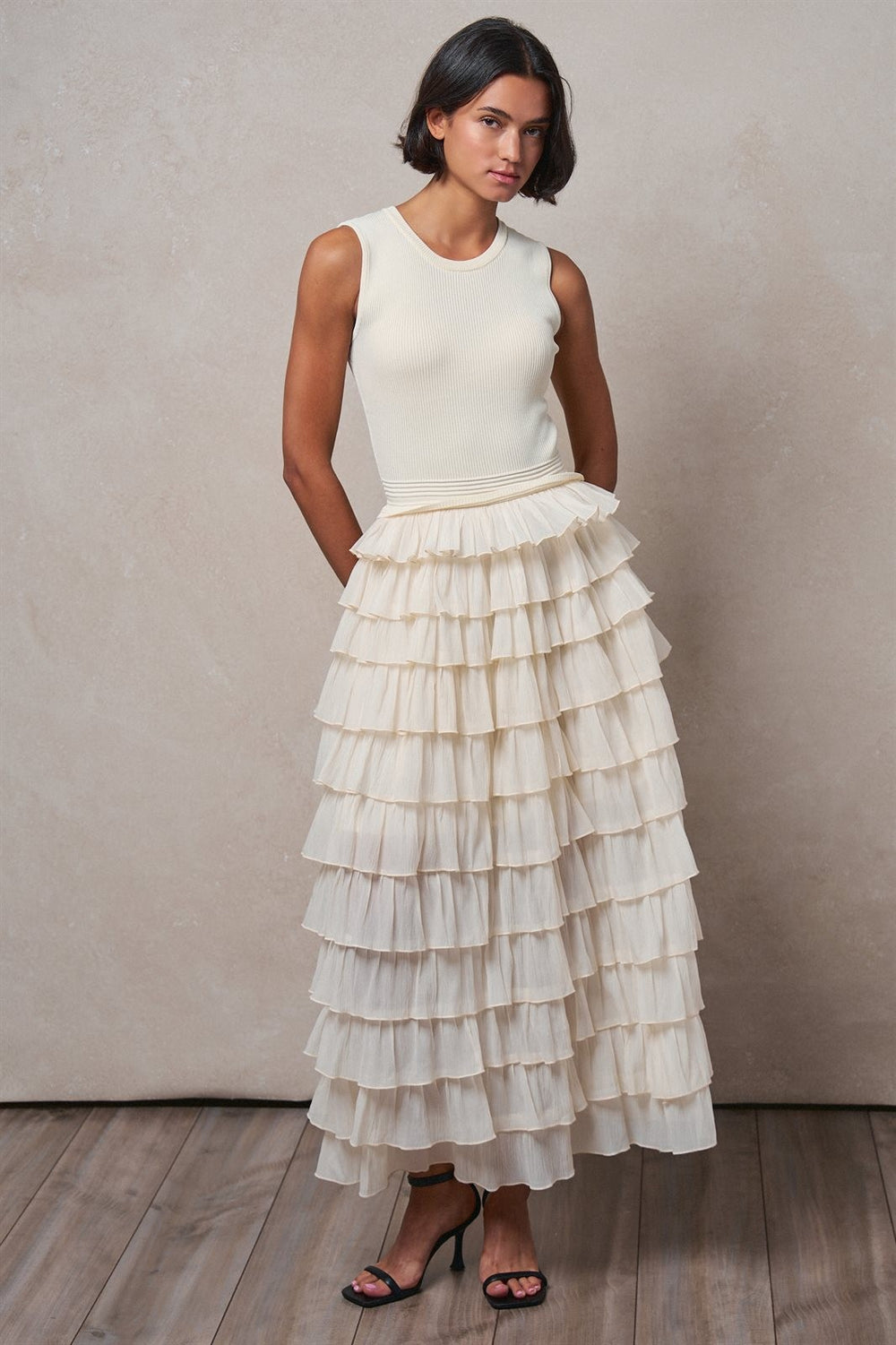 Tiered Ruffle Maxi Dress with Contrast Trim in IVORY - Women's Wholesale Cocktail Dresses | Trend Notes