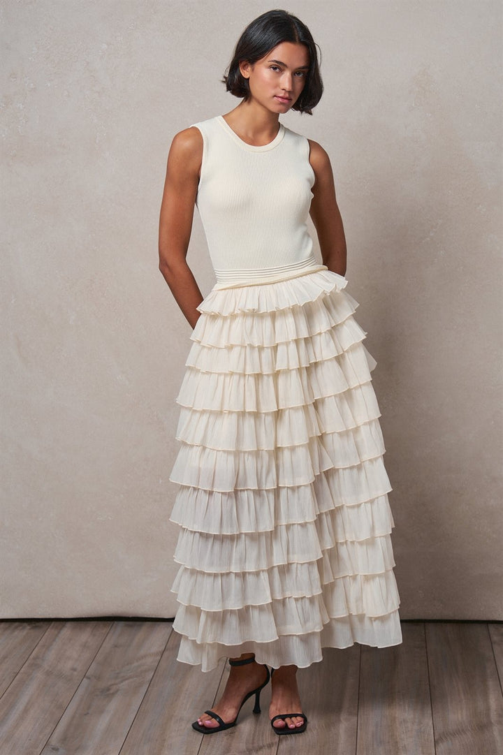 Tiered Ruffle Maxi Dress with Contrast Trim in IVORY - Women's Wholesale Cocktail Dresses | Trend Notes