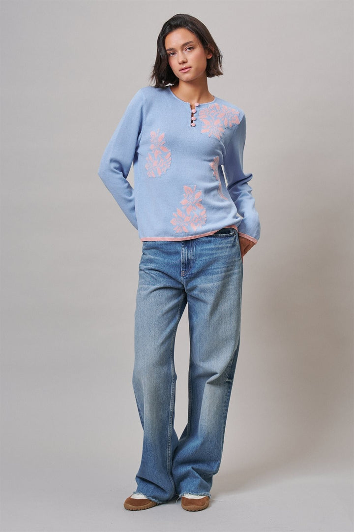 Floral Embroidered Button Front Knit Cardigan in BLUE - Women's Wholesale Sweaters | Trend Notes