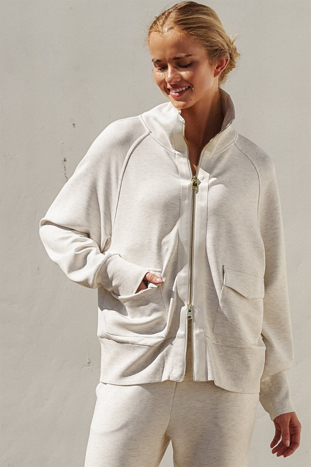 Scuba Zip Up Track Bomber Jacket Pilates Athflow for Women in WHITE MELANGE - Women's Wholesale Jackets & Blazers | Trend Notes