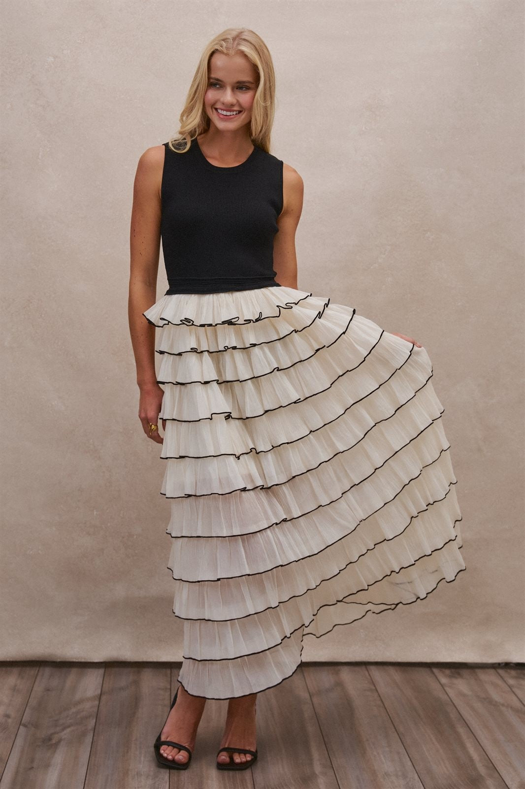 Tiered Ruffle Maxi Dress with Contrast Trim in BLACK - Women's Wholesale Cocktail Dresses | Trend Notes