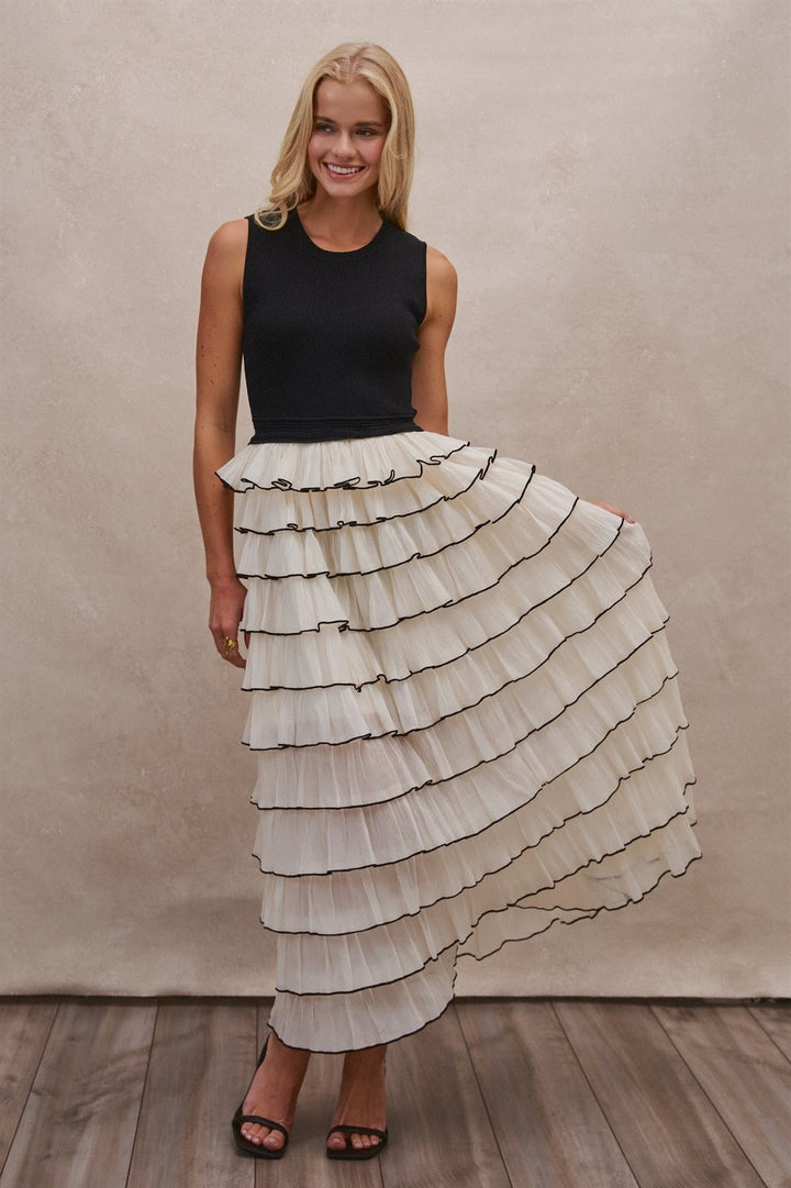 Tiered Ruffle Maxi Dress with Contrast Trim in BLACK - Women's Wholesale Cocktail Dresses | Trend Notes