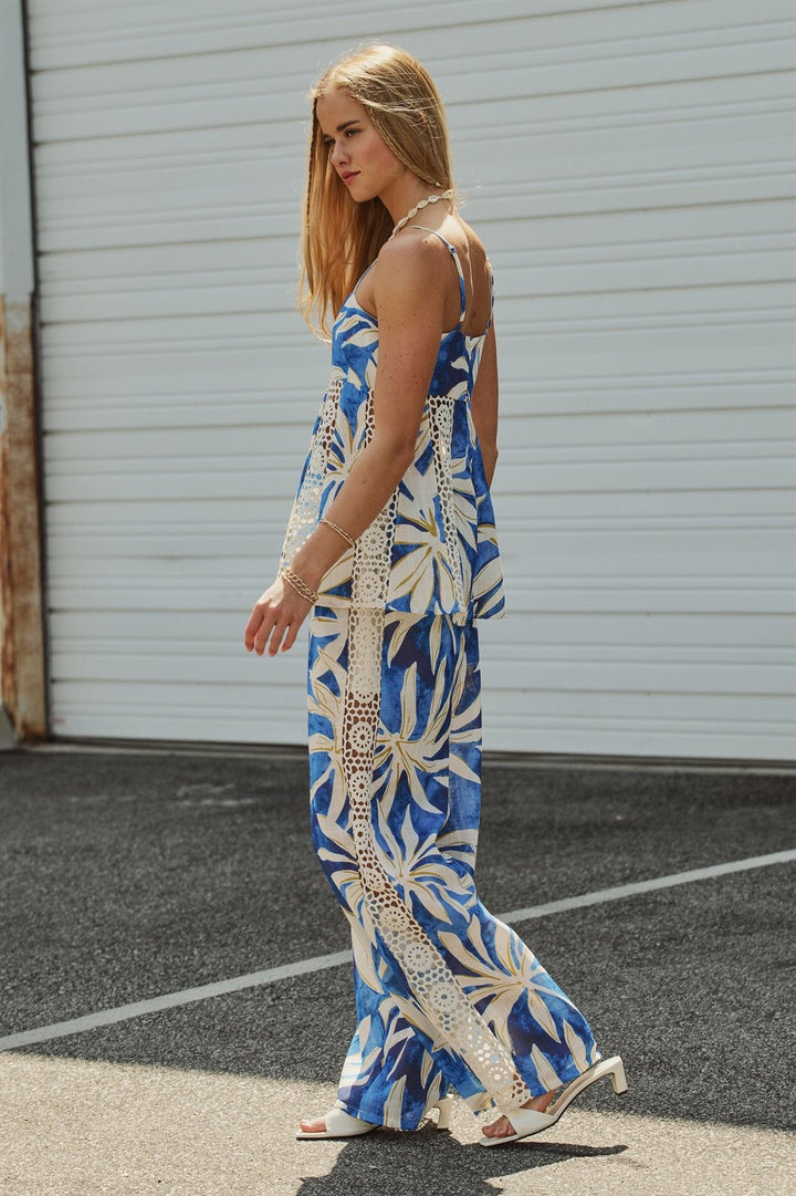 Print Capri Breeze Cami & Wide-Leg Pant Set in BLUE IVORY - Women's Wholesale Sets | Trend Notes