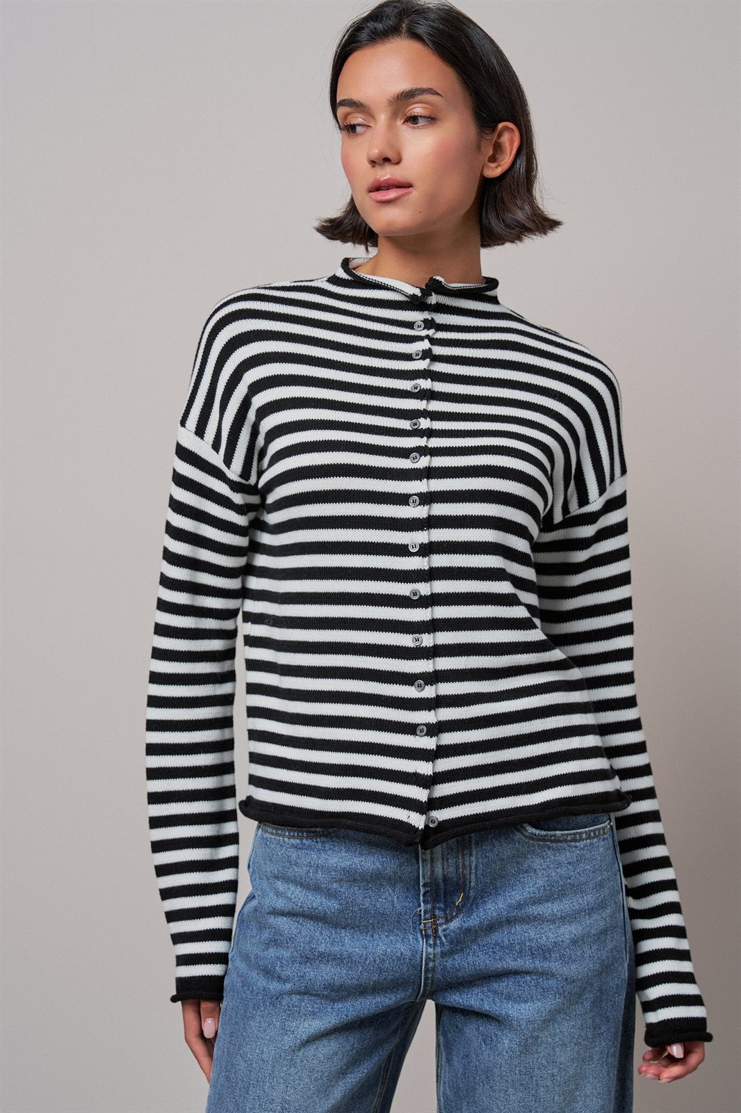 Striped Polo Collar Button Sweater with Rolled Edges in IVORY BLACK - Women's Wholesale Cardigans & Shrugs | Trend Notes