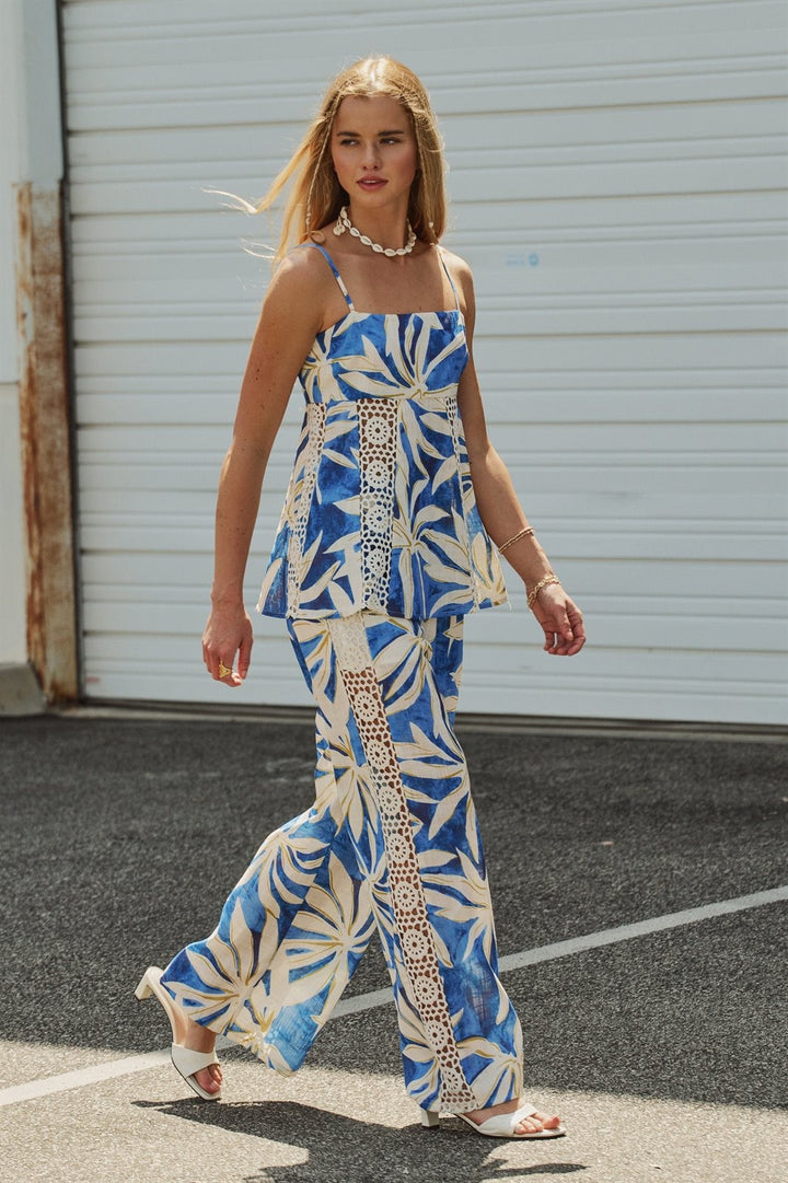 Print Capri Breeze Cami & Wide-Leg Pant Set in BLUE IVORY - Women's Wholesale Sets | Trend Notes