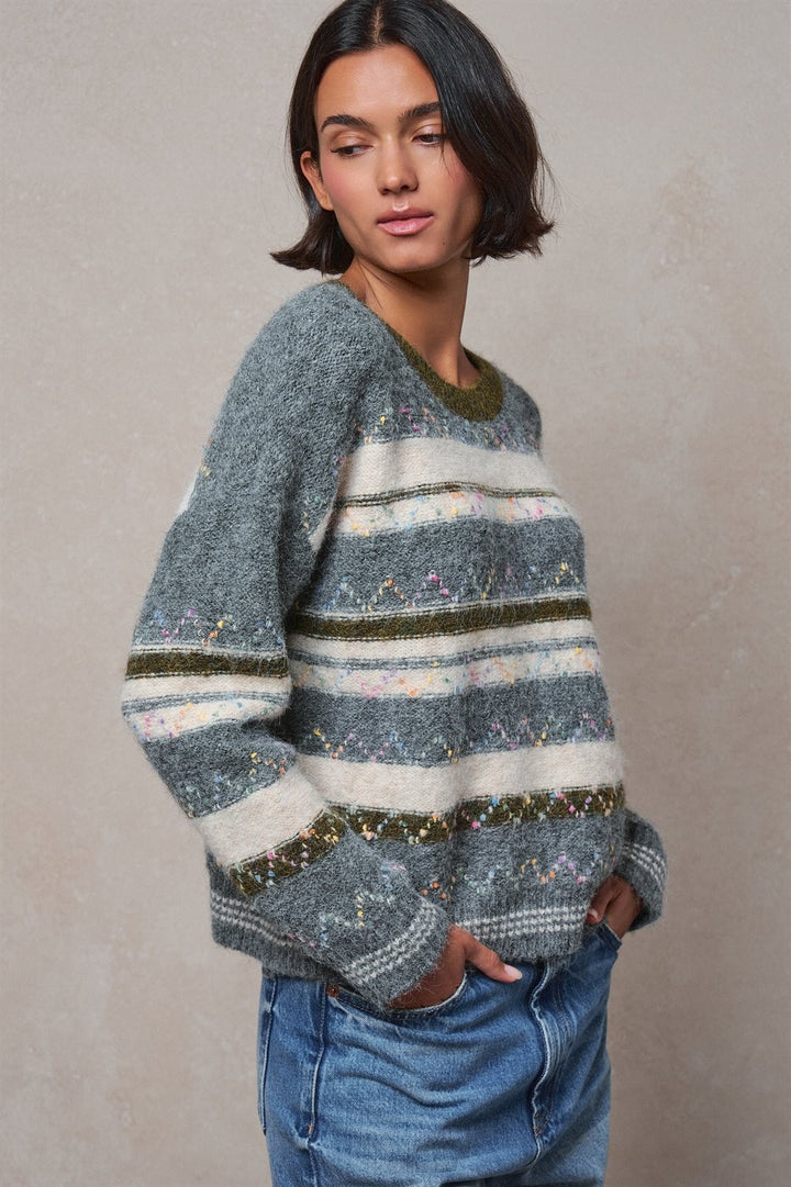 Multicolor Stripe Fair Isle Fuzzy Knit Sweater in GREY - Women's Wholesale Sweaters | Trend Notes