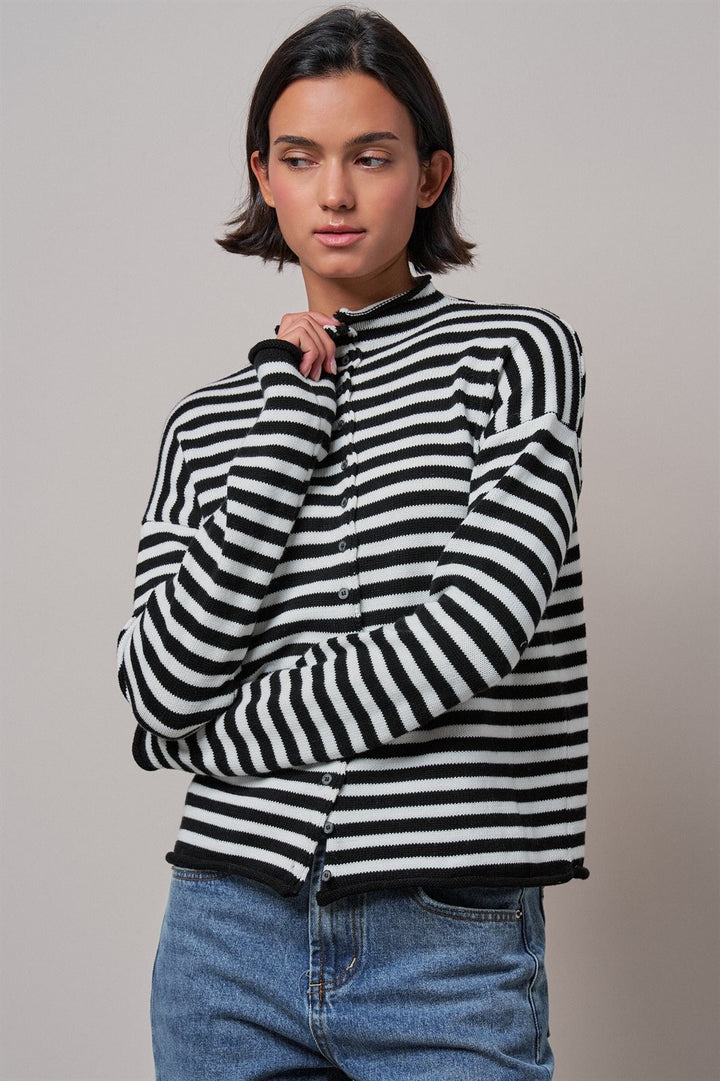 Striped Polo Collar Button Sweater with Rolled Edges in IVORY BLACK - Women's Wholesale Cardigans & Shrugs | Trend Notes
