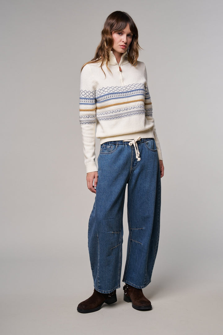 Fair Isle Quarter Zip Sweater Wool Blend with Leather Pull T in IVORY - Women's Wholesale Cardigans & Shrugs | Trend Notes