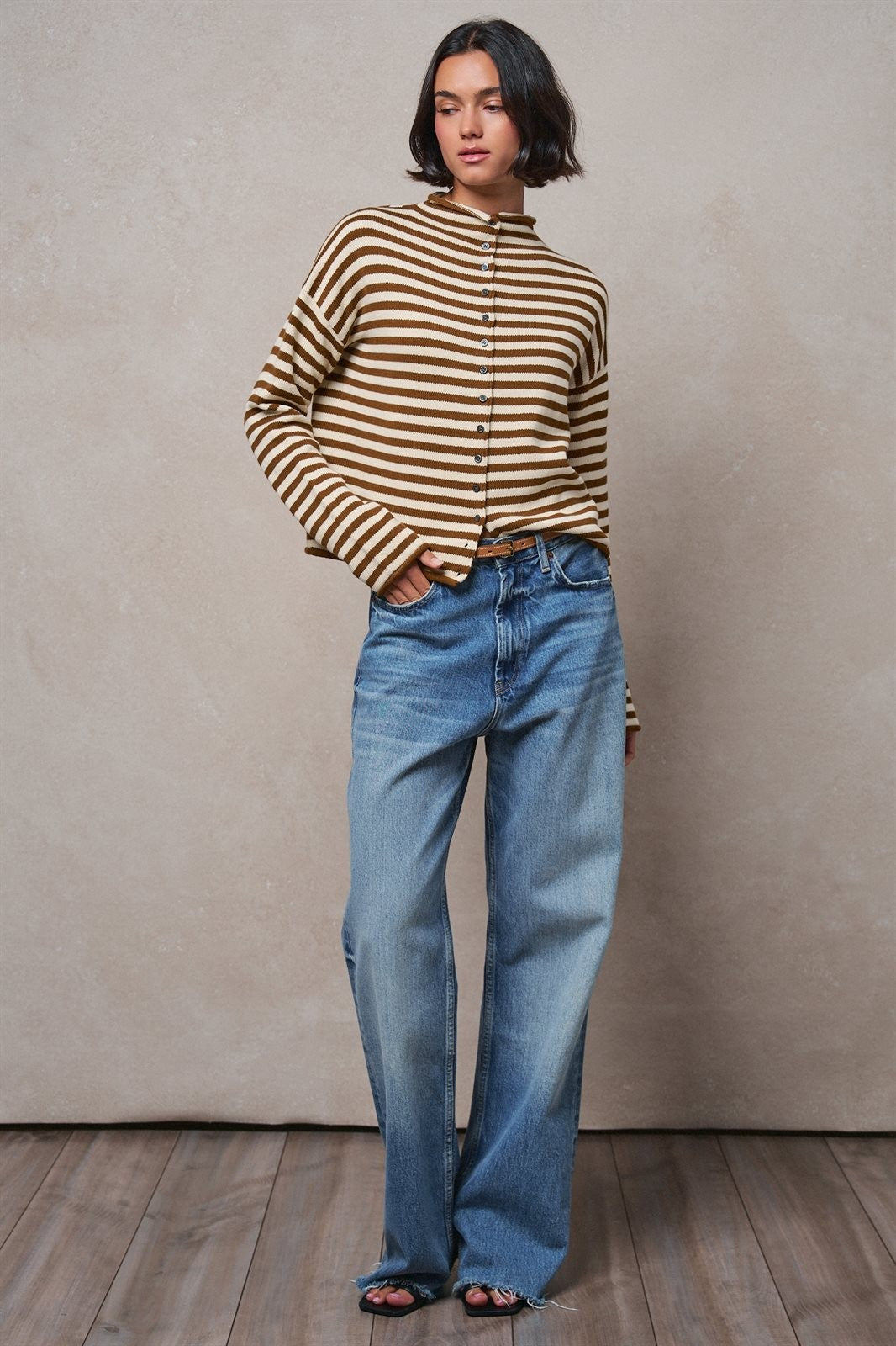 Striped Polo Collar Button Sweater with Rolled Edges in IVORY BROWN - Women's Wholesale Cardigans & Shrugs | Trend Notes