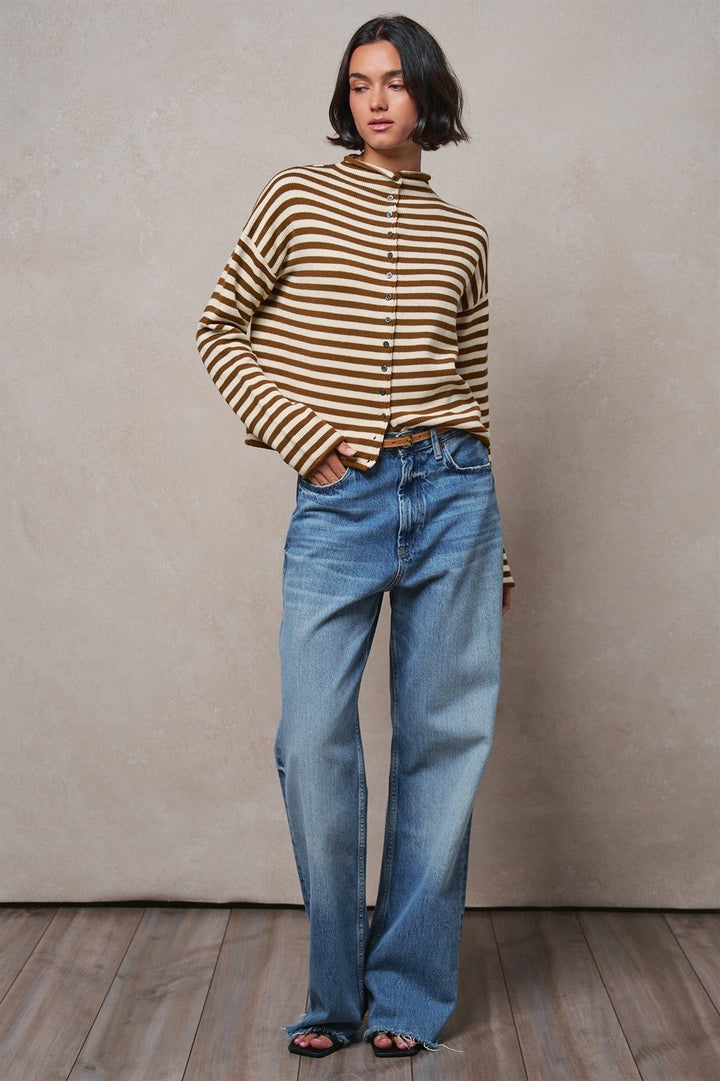 Striped Polo Collar Button Sweater with Rolled Edges in IVORY BROWN - Women's Wholesale Cardigans & Shrugs | Trend Notes