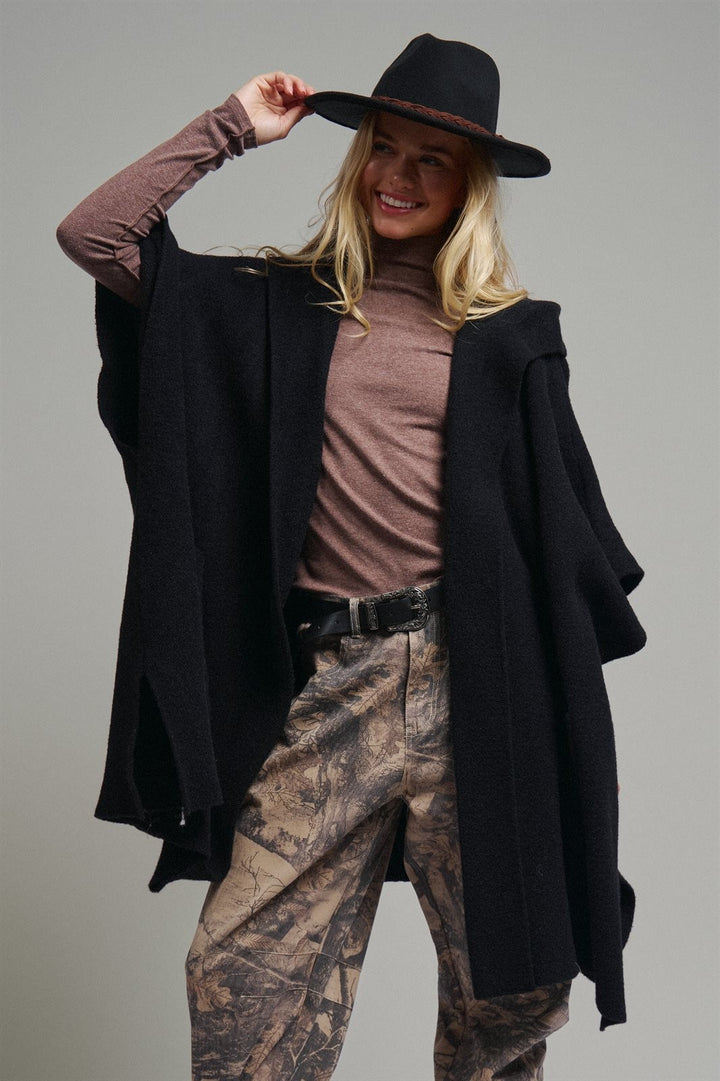 Oversized Wide Collar Open Front Poncho Cardigan in BLACK - Women's Wholesale Cardigans & Shrugs | Trend Notes