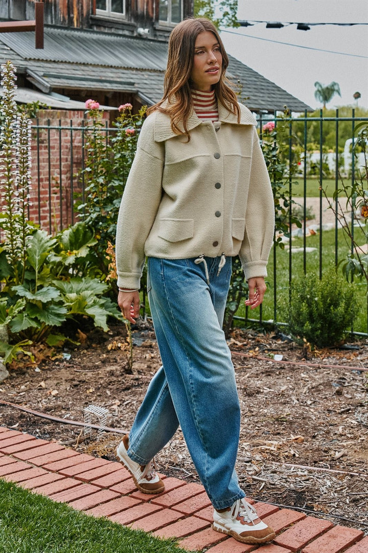 Sweater Knit Button Front Jacket with Detachable Collar in IVORY - Women's Wholesale Jackets & Blazers | Trend Notes