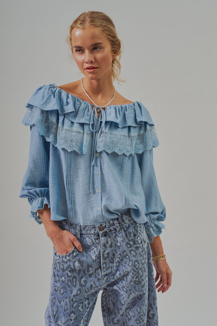 Boho Lace Ruffle Off-Shoulder Casual Top Blouse