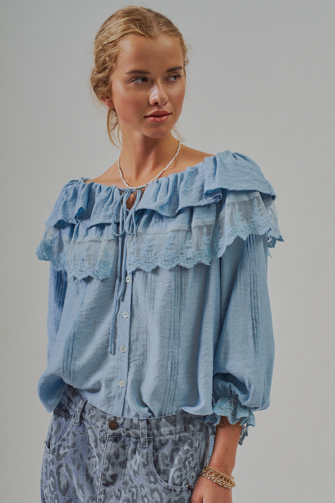 Boho Lace Ruffle Off-Shoulder Casual Top Blouse
