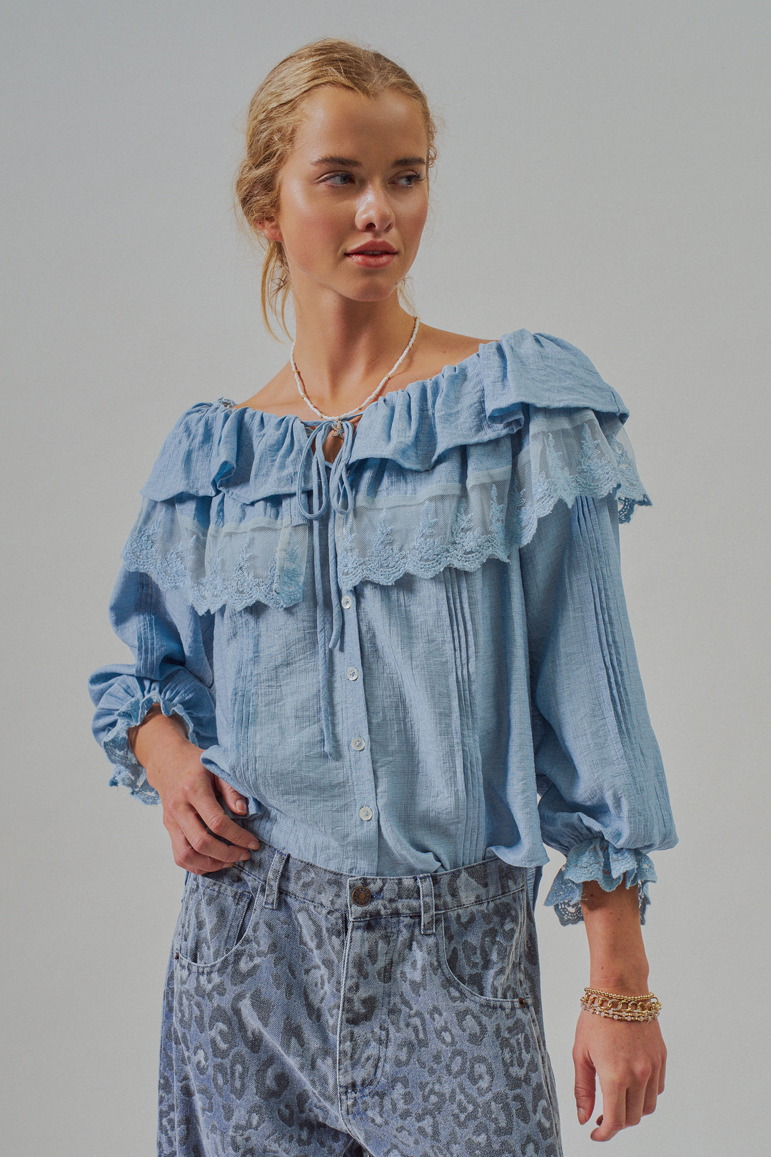Boho Lace Ruffle Off-Shoulder Casual Top Blouse