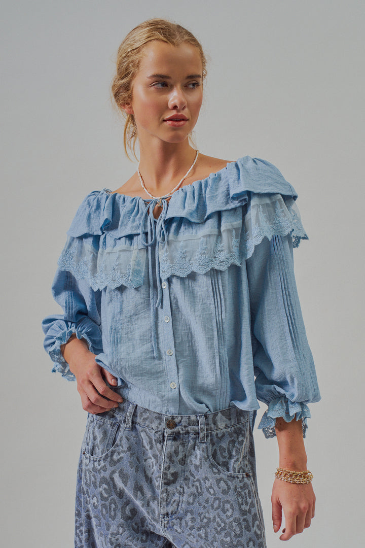 Boho Lace Ruffle Off-Shoulder Casual Top Blouse