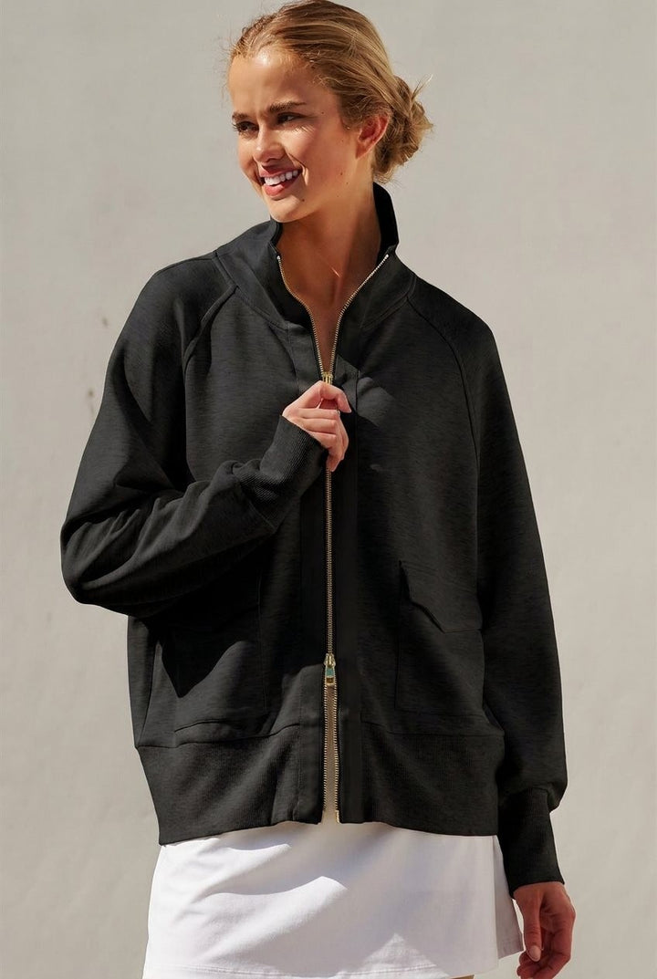 Scuba Zip Up Track Bomber Jacket Pilates Athflow for Women in BLACK - Women's Wholesale Jackets & Blazers | Trend Notes