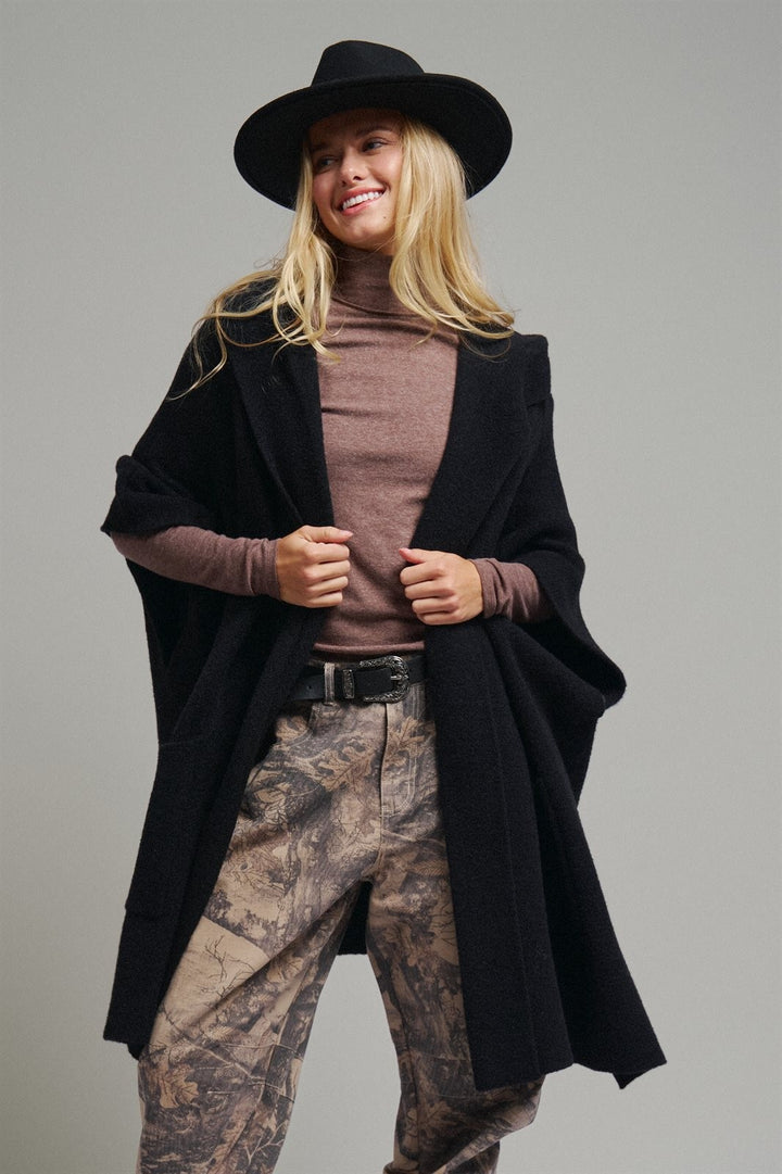 Oversized Wide Collar Open Front Poncho Cardigan in BLACK - Women's Wholesale Cardigans & Shrugs | Trend Notes