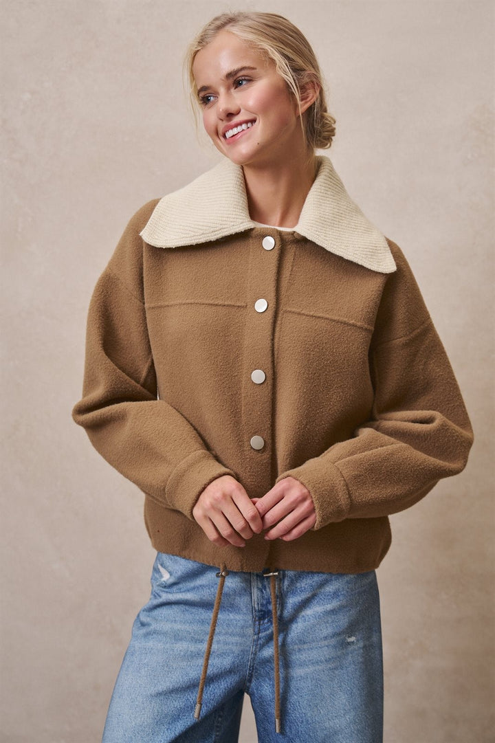 Sweater Knit Button Front Jacket with Detachable Collar in OLIVE - Women's Wholesale Jackets & Blazers | Trend Notes