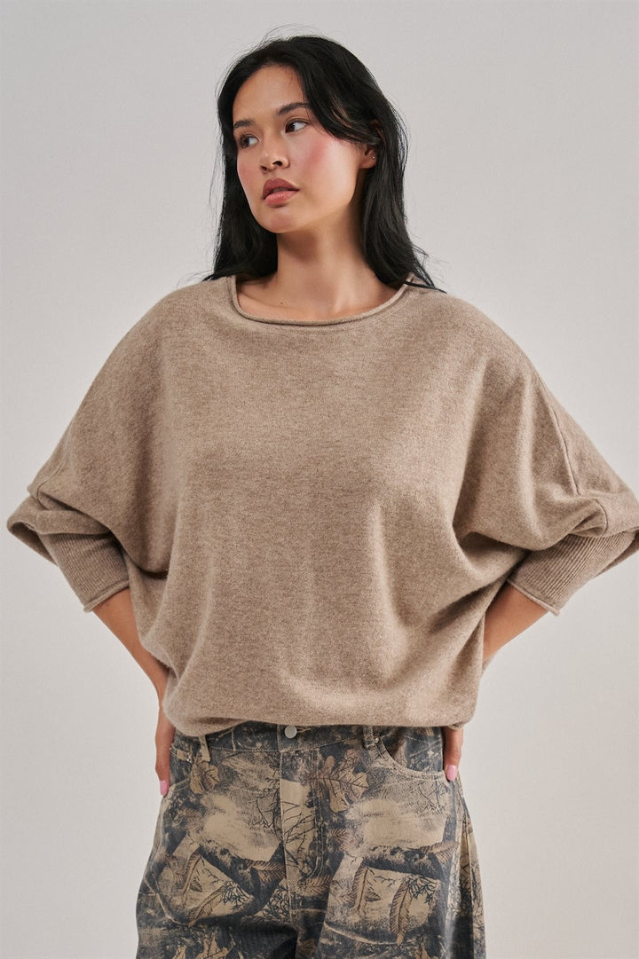 Dolman Sleeve Knit Top Boat Neck Boho Slouchy Sweater in MOCHA - Women's Wholesale Sweaters | Trend Notes