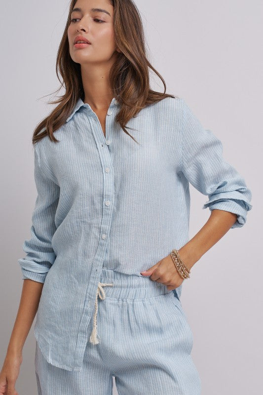 Coastal Ease Striped Linen Long Sleeve Shirt in BLUE STRIPE - Women's Wholesale Tops | Trend Notes