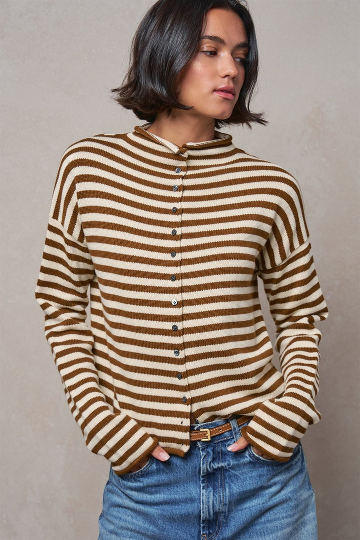 Striped Polo Collar Button Sweater with Rolled Edges in IVORY BROWN - Women's Wholesale Cardigans & Shrugs | Trend Notes