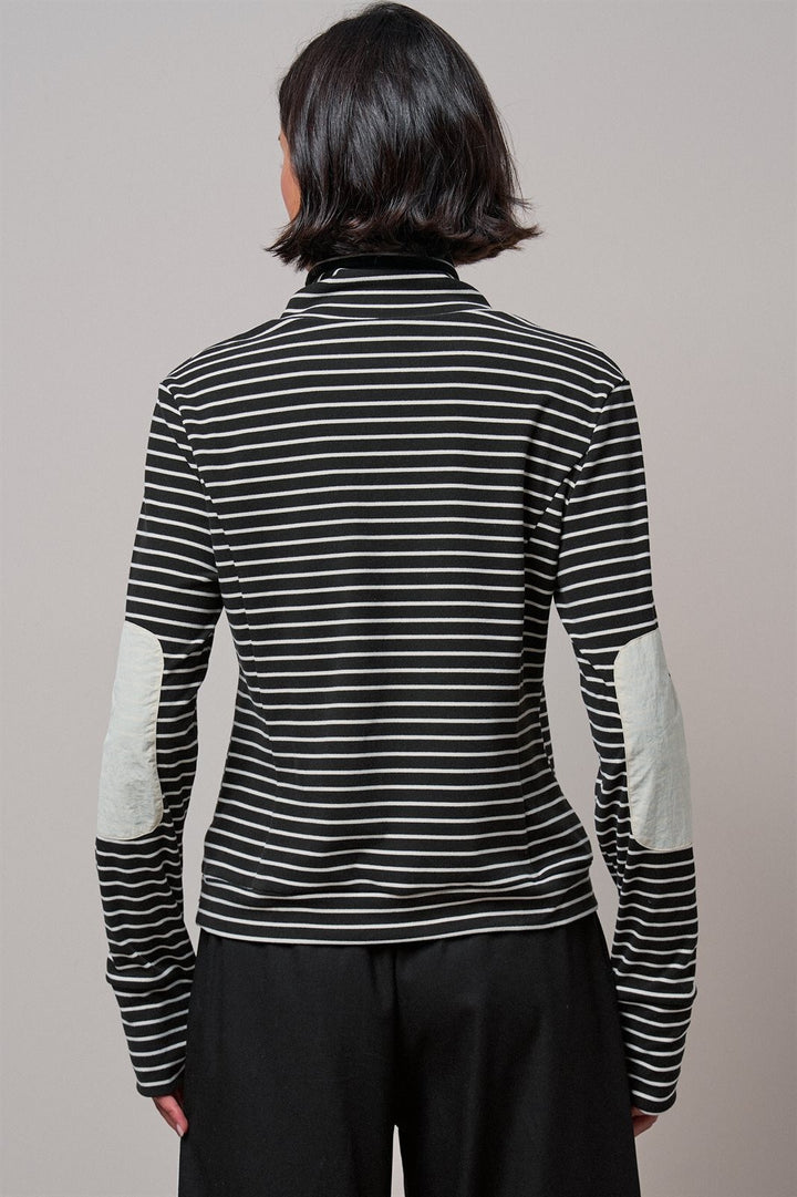 Striped Cowl Neck Drawstring Pullover Sweatshirt in BLACK - Women's Wholesale Sweatshirts & Hoodies | Trend Notes