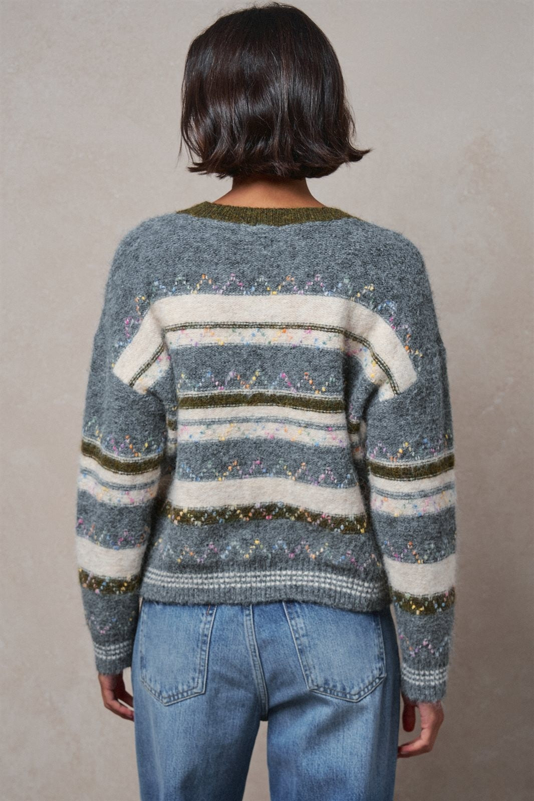 Multicolor Stripe Fair Isle Fuzzy Knit Sweater in GREY - Women's Wholesale Sweaters | Trend Notes