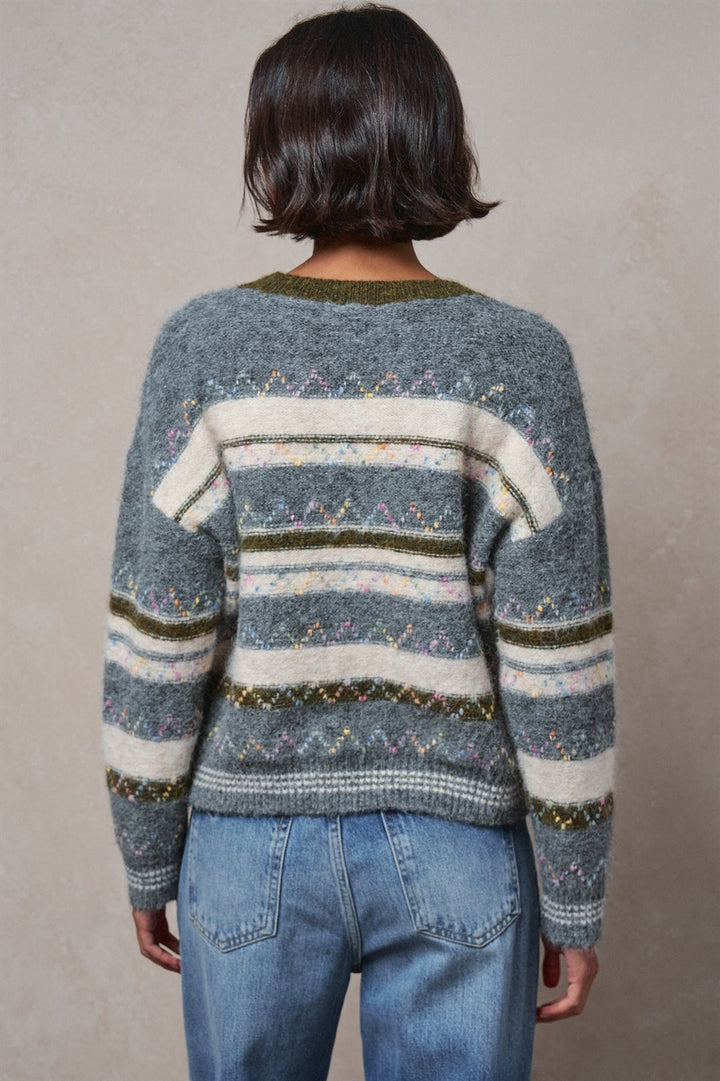 Multicolor Stripe Fair Isle Fuzzy Knit Sweater in GREY - Women's Wholesale Sweaters | Trend Notes