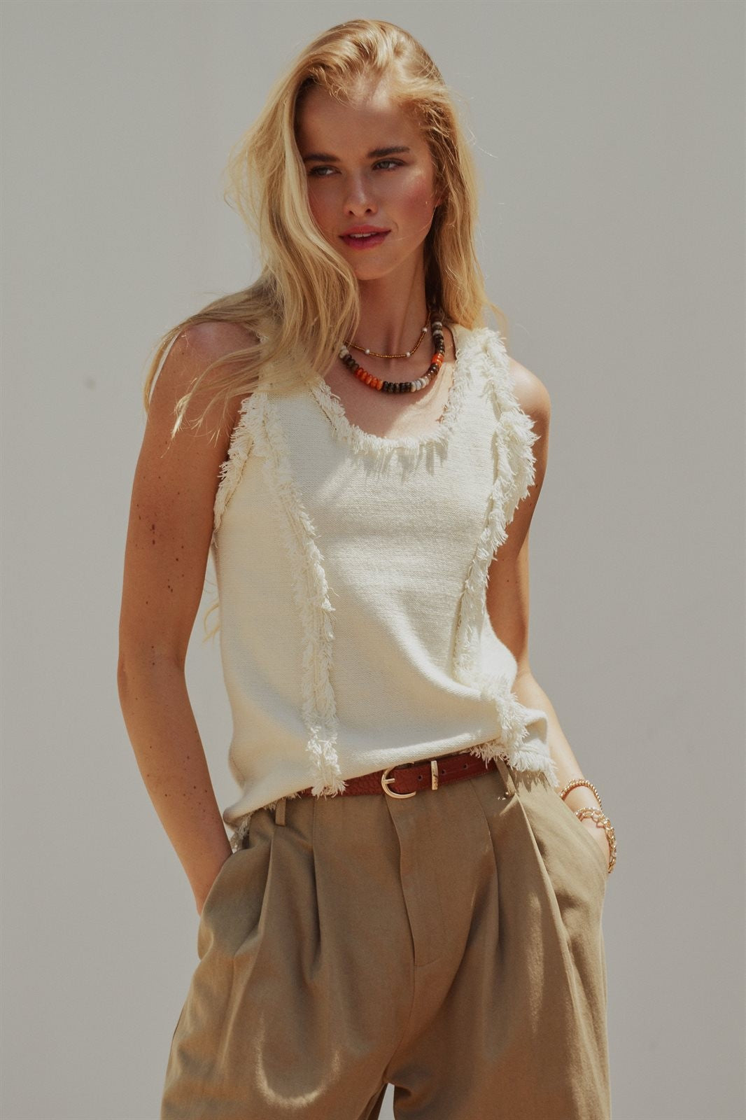 Boho Frayed Edge Textured Tank in IVORY - Women's Wholesale Tops | Trend Notes