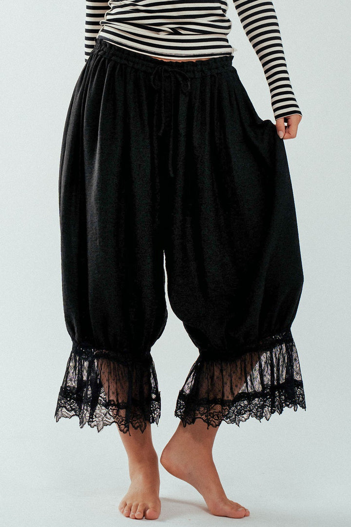 Boho Lace Trim Boomer Pants in BLACK - Women's Wholesale Casual Pants | Trend Notes