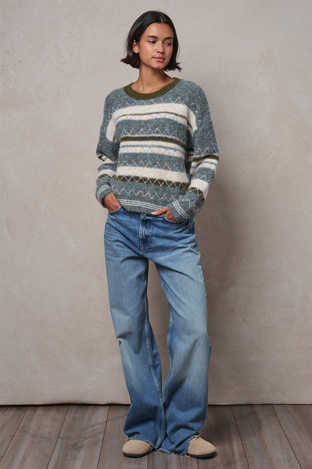 Multicolor Stripe Fair Isle Fuzzy Knit Sweater in GREY - Women's Wholesale Sweaters | Trend Notes