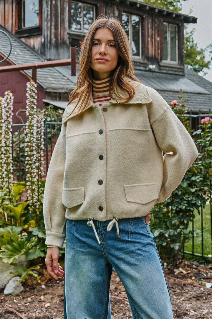 Sweater Knit Button Front Jacket with Detachable Collar in IVORY - Women's Wholesale Jackets & Blazers | Trend Notes
