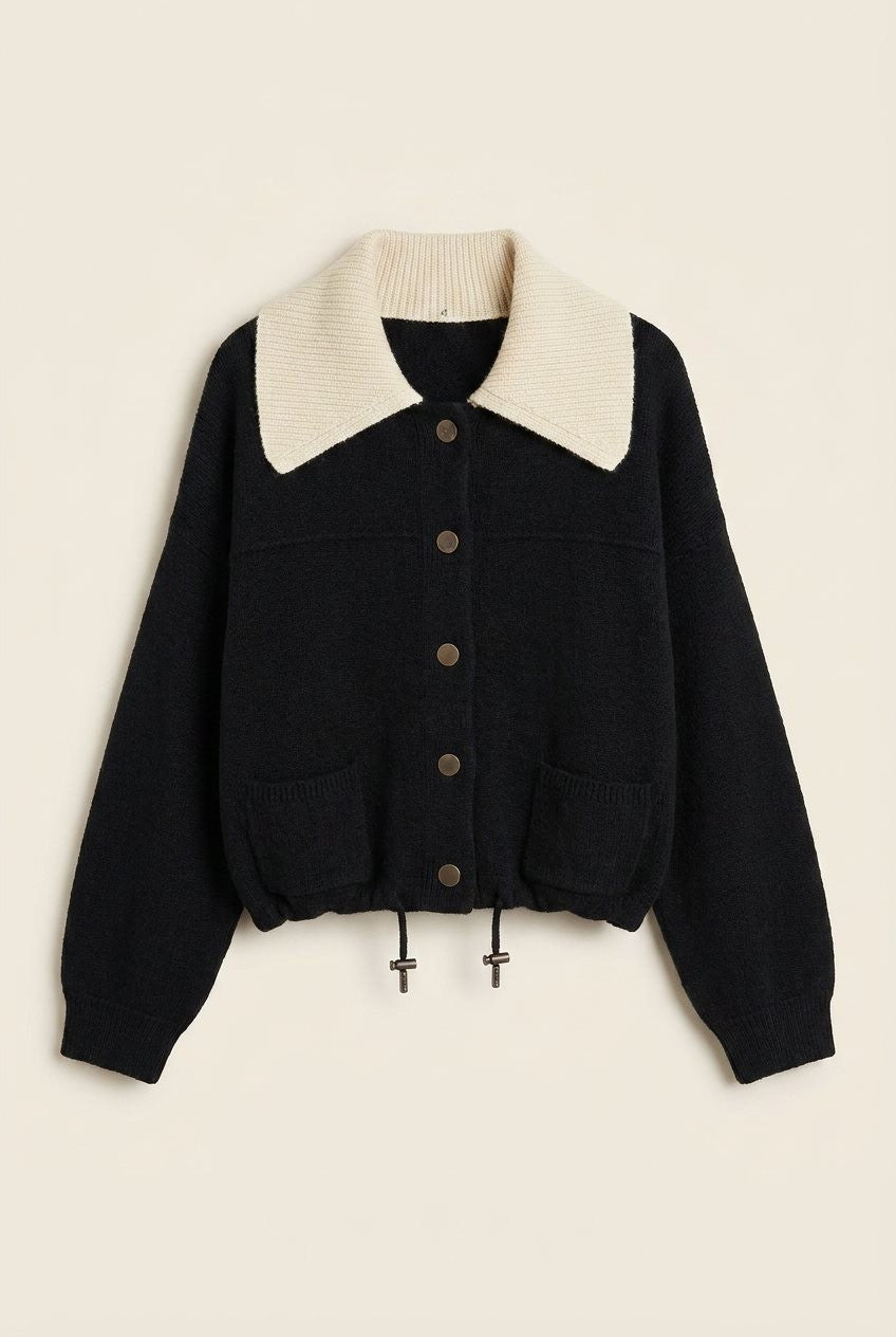 Sweater Knit Button Front Jacket with Detachable Collar in BLACK - Women's Wholesale Jackets & Blazers | Trend Notes