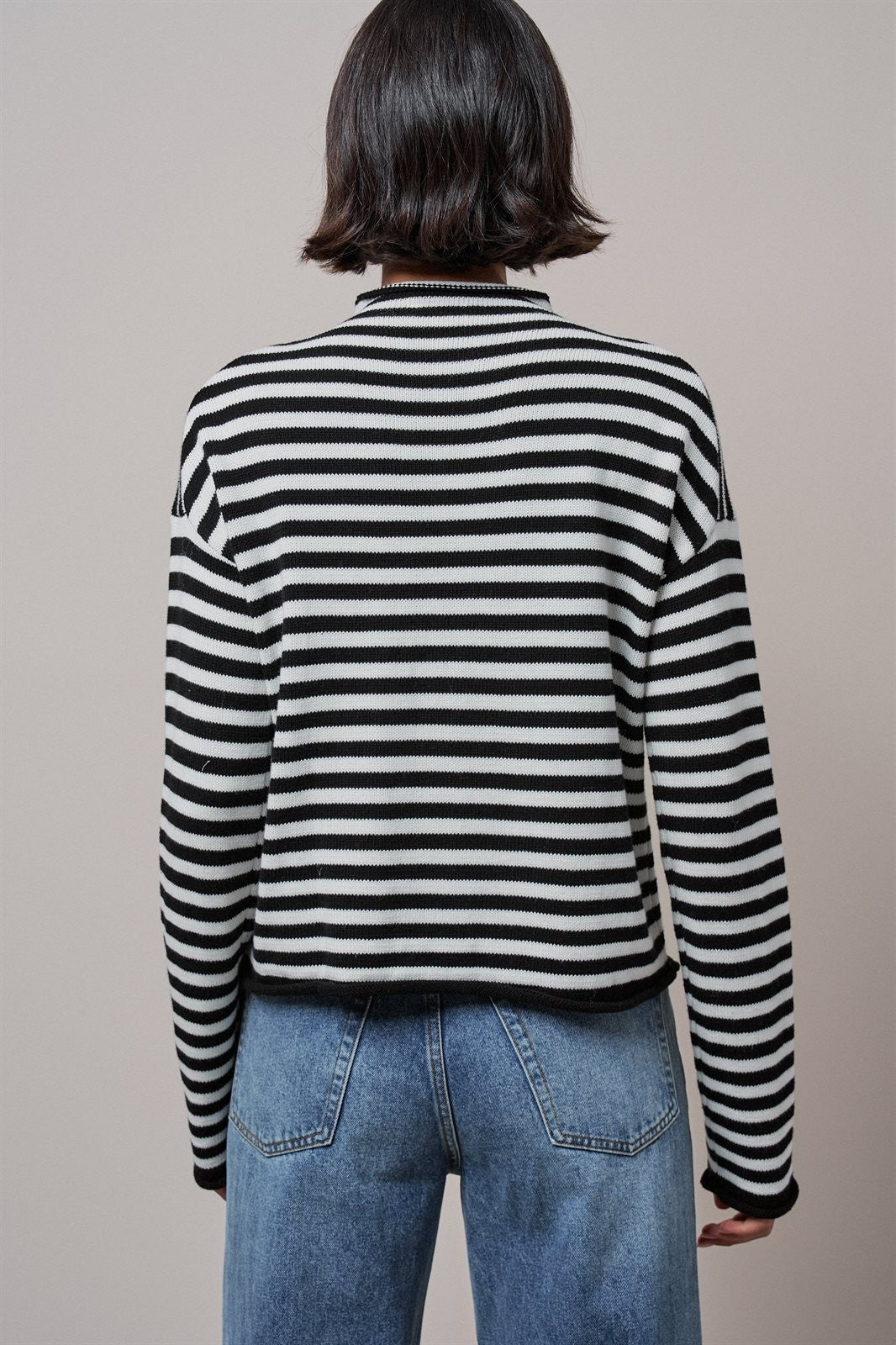 Striped Polo Collar Button Sweater with Rolled Edges in IVORY BLACK - Women's Wholesale Cardigans & Shrugs | Trend Notes
