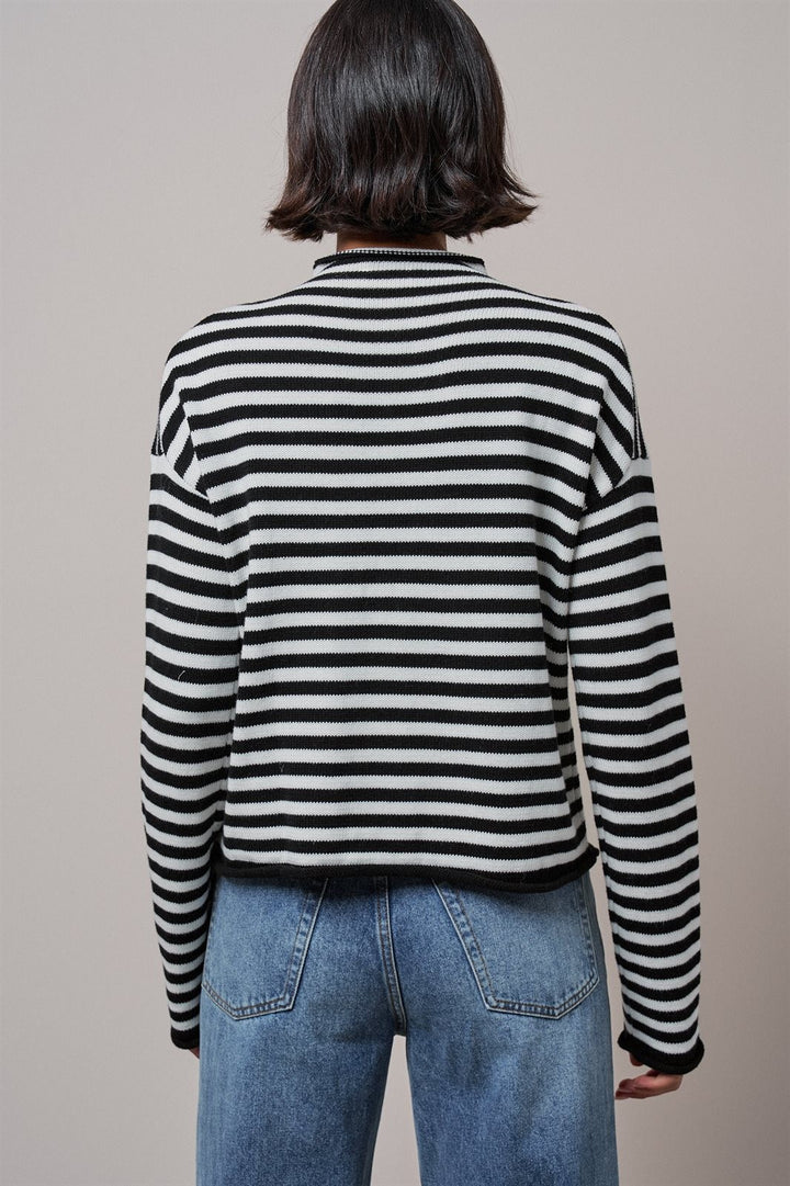 Striped Polo Collar Button Sweater with Rolled Edges in IVORY BLACK - Women's Wholesale Cardigans & Shrugs | Trend Notes