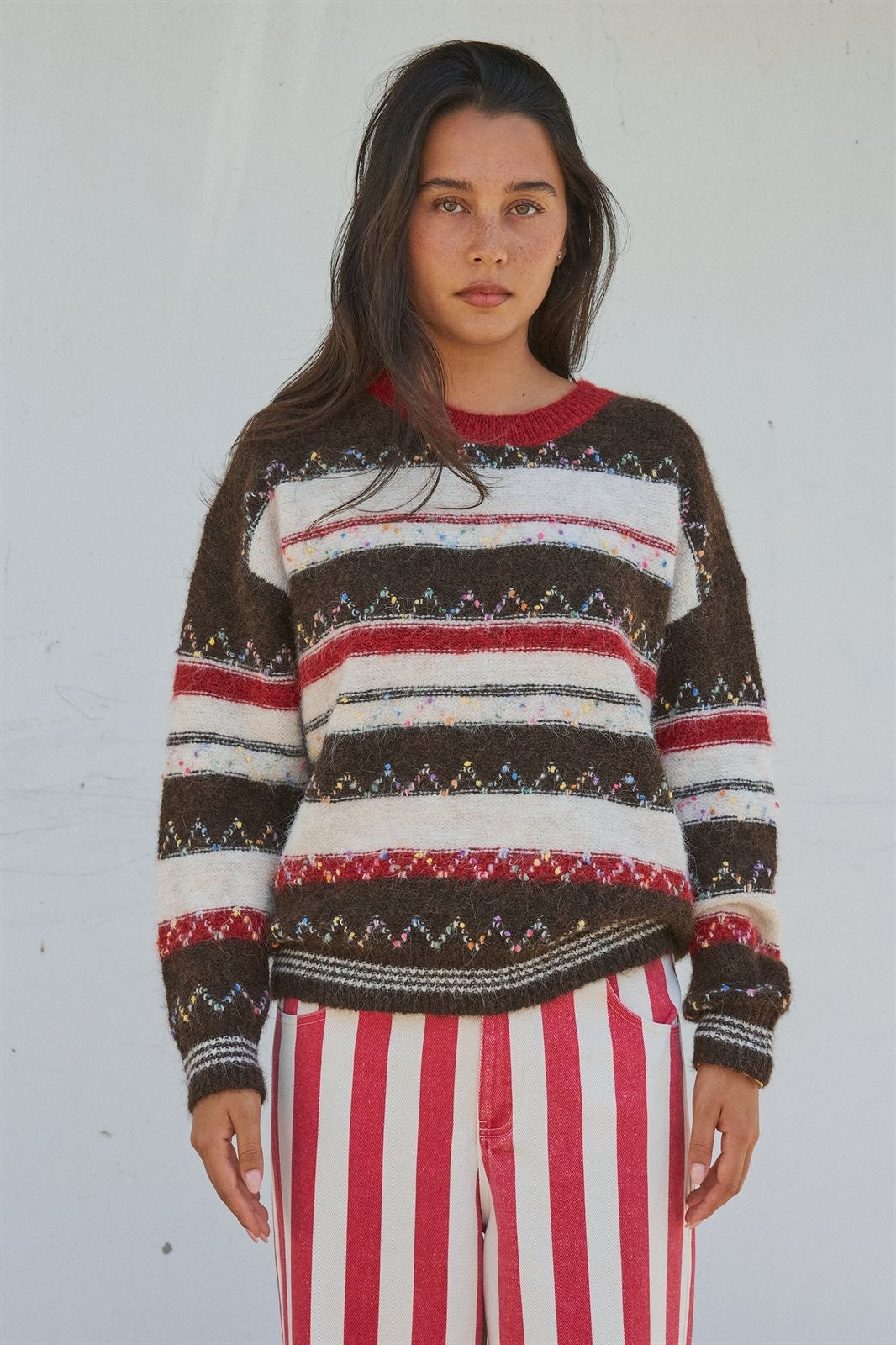Multicolor Stripe Fair Isle Fuzzy Knit Sweater in BROWN - Women's Wholesale Sweaters | Trend Notes