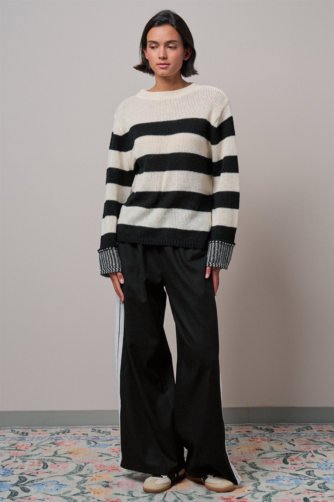 Striped Oversized Chunky Knit Sweater in BLACK - Women's Wholesale Sweaters | Trend Notes