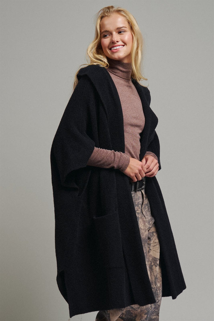 Oversized Wide Collar Open Front Poncho Cardigan in BLACK - Women's Wholesale Cardigans & Shrugs | Trend Notes