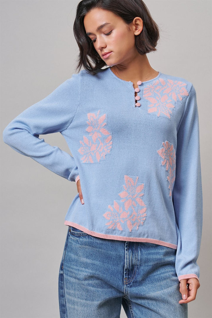 Floral Embroidered Button Front Knit Cardigan in BLUE - Women's Wholesale Sweaters | Trend Notes