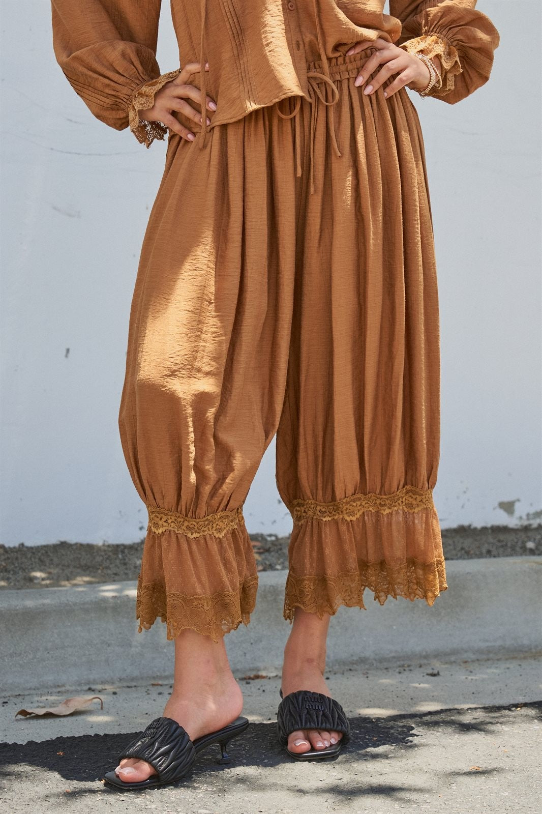 Boho Lace Trim Boomer Pants in BROWN - Women's Wholesale Casual Pants | Trend Notes