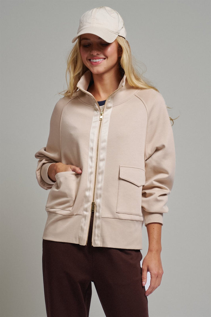 Scuba Zip Up Track Bomber Jacket Pilates Athflow for Women in SAND - Women's Wholesale Jackets & Blazers | Trend Notes
