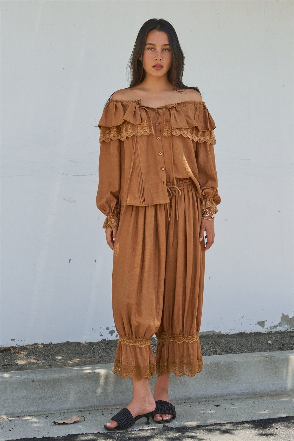 Boho Lace Trim Boomer Pants in BROWN - Women's Wholesale Casual Pants | Trend Notes