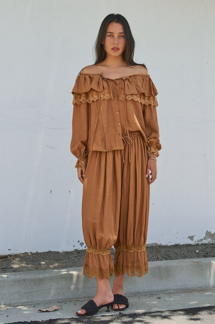 Boho Lace Trim Boomer Pants in BROWN - Women's Wholesale Casual Pants | Trend Notes