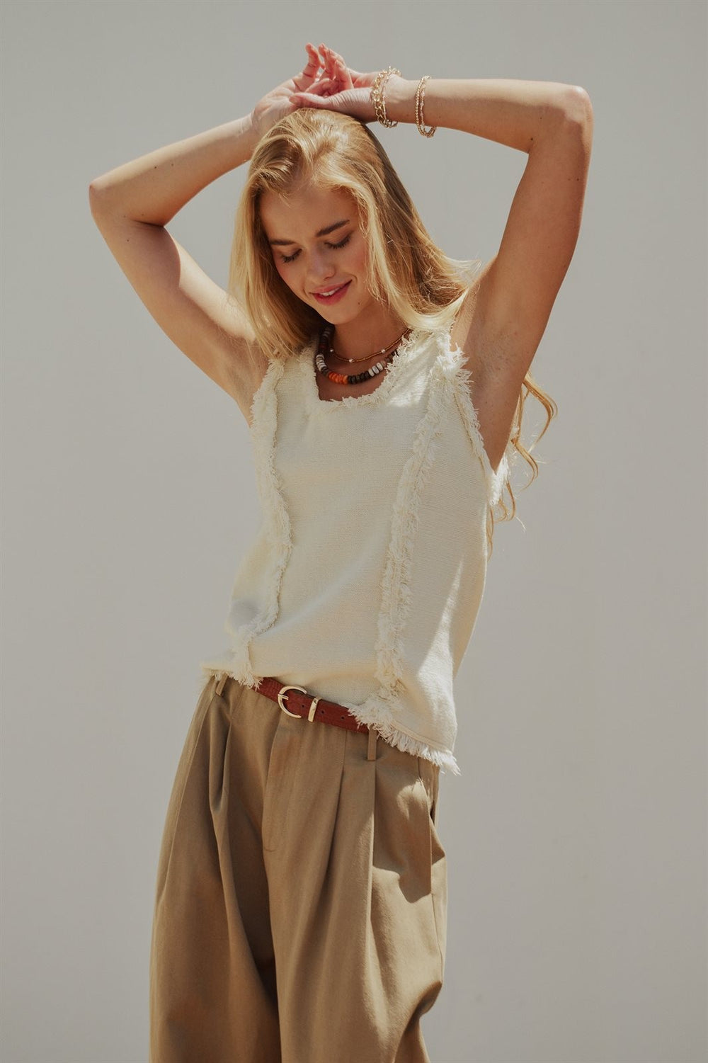 Boho Frayed Edge Textured Tank in IVORY - Women's Wholesale Tops | Trend Notes