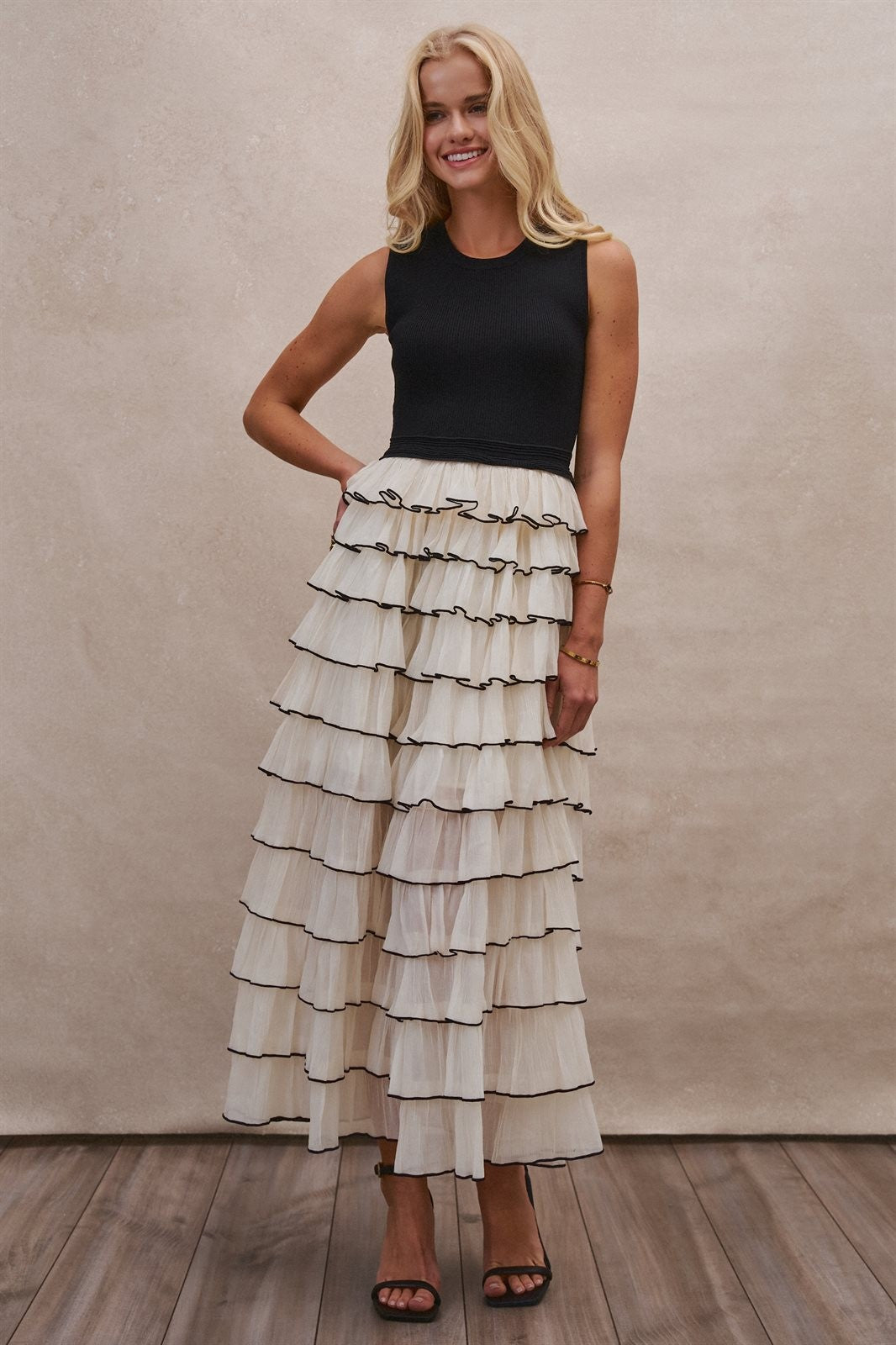 Tiered Ruffle Maxi Dress with Contrast Trim in BLACK - Women's Wholesale Cocktail Dresses | Trend Notes