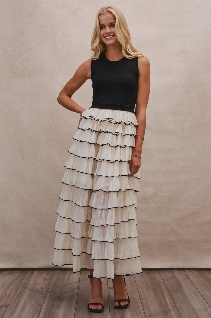 Tiered Ruffle Maxi Dress with Contrast Trim in BLACK - Women's Wholesale Cocktail Dresses | Trend Notes