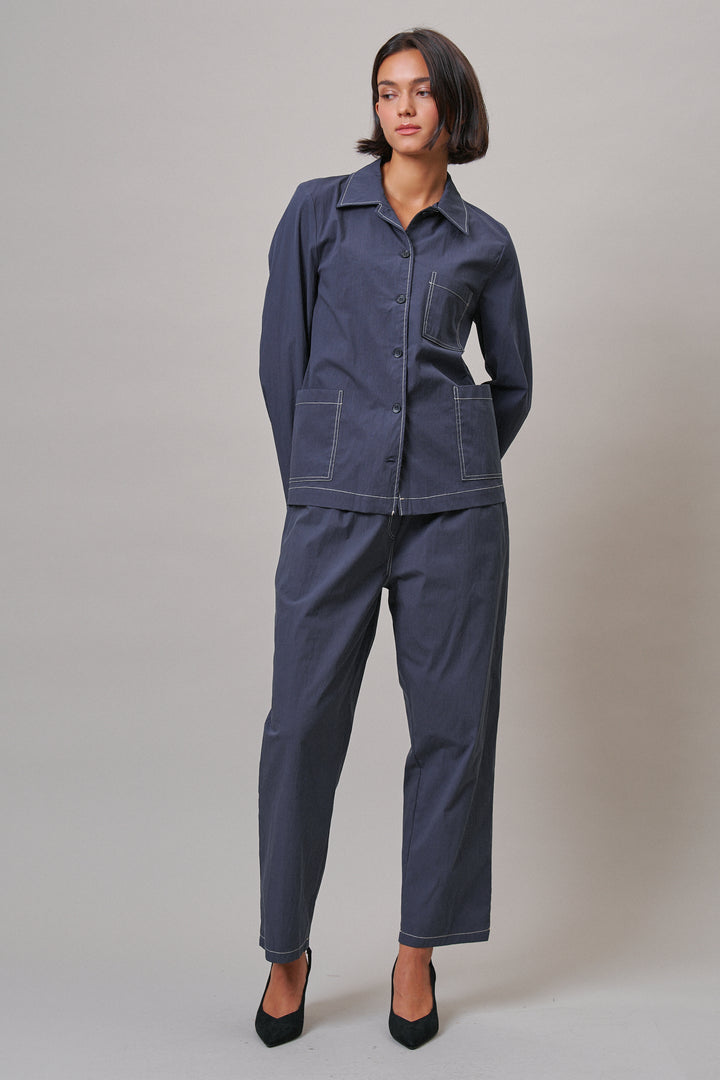 Elastic Waist Contrast Stitch Woven Pants in NAVY - Women's Wholesale Pants | Trend Notes
