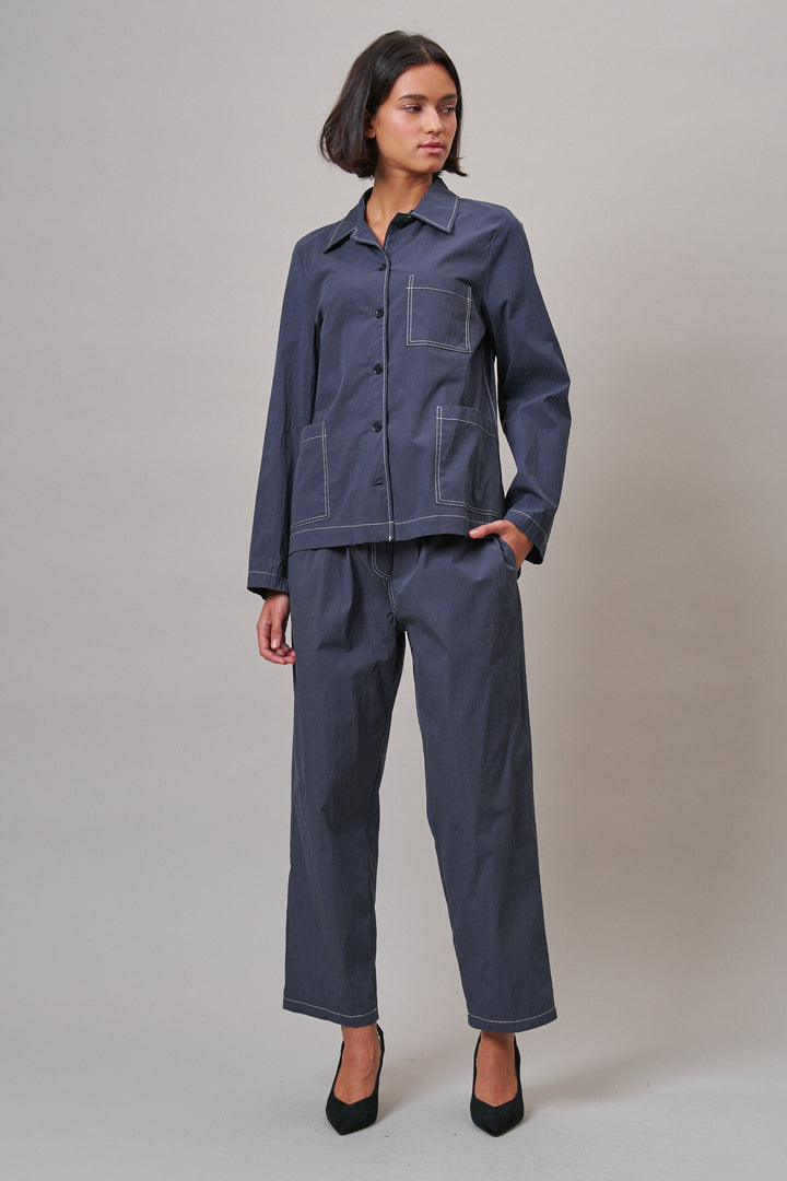 Elastic Waist Contrast Stitch Woven Pants in NAVY - Women's Wholesale Pants | Trend Notes
