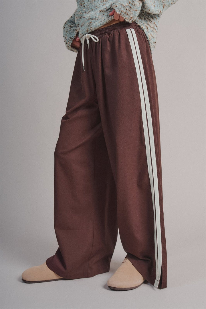 Side Stripe Drawstring Wide-Leg Pants in BROWN - Women's Wholesale Casual Pants | Trend Notes